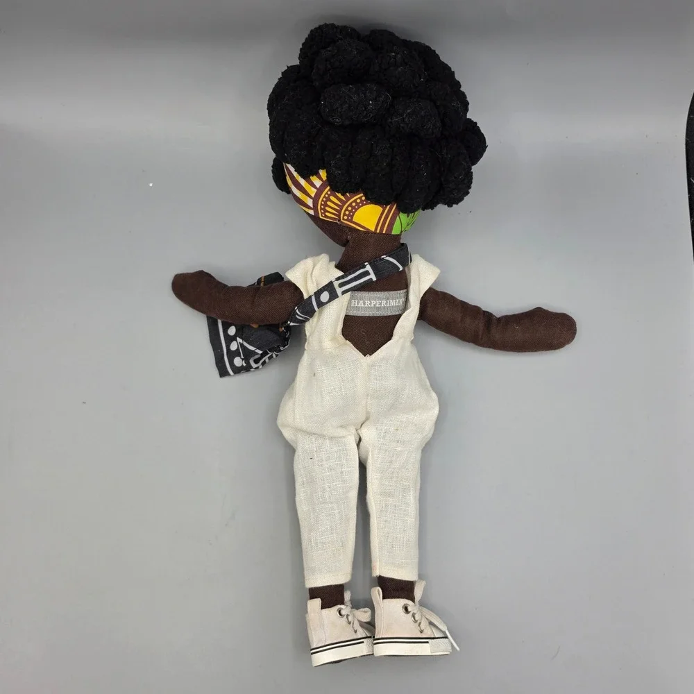 HarperIman Rag Doll Small Brown Linen Jumpsuit Headwrap Plush Toy Decor